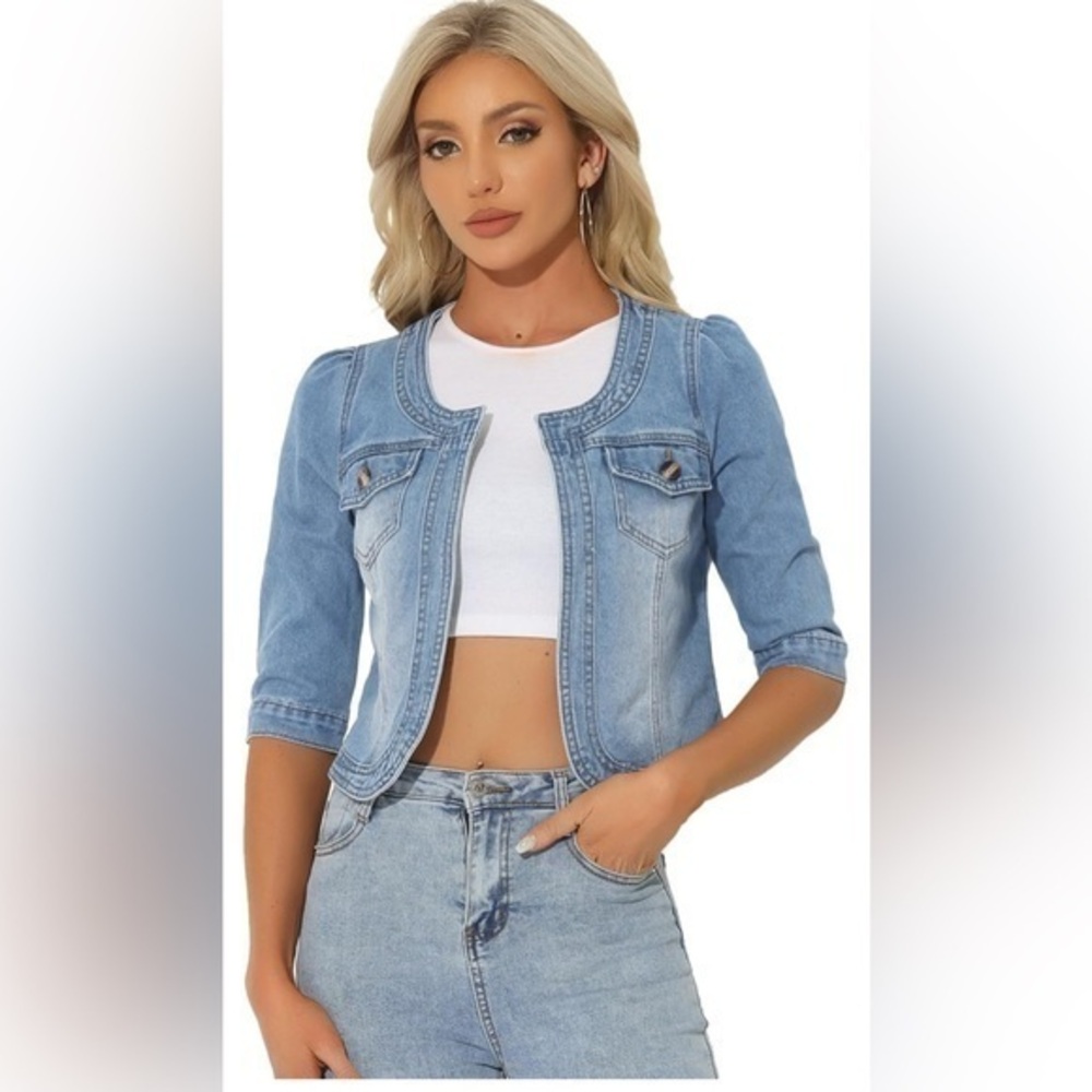 Women's Collarless Stylish Light Blue Denim Jacket 3/4 Sleeve Crop Jacket S